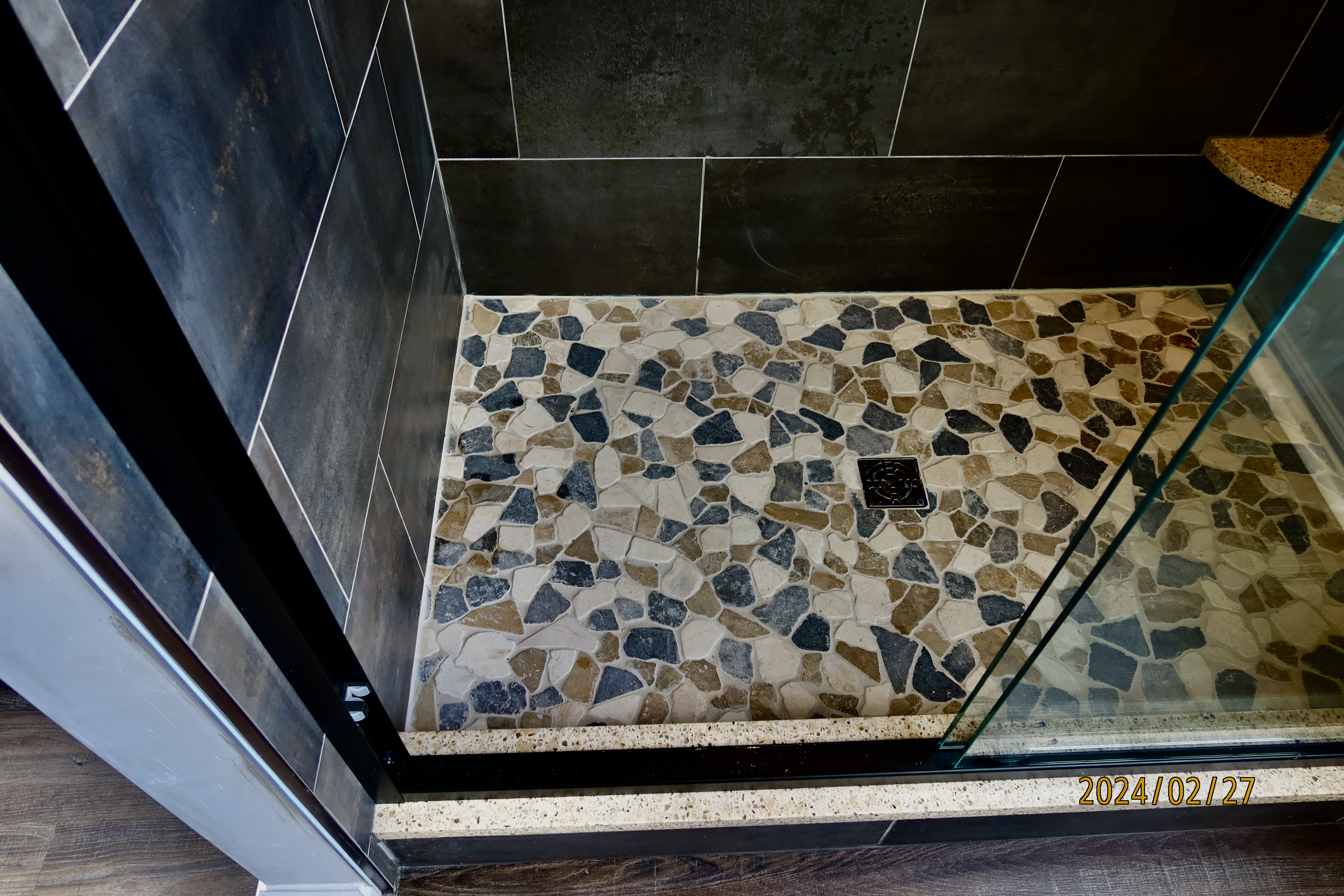 Stone shower floor walk in shower, Cherry Hill, NJ Thumbnail